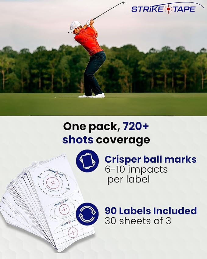 Strike tape golf impact tape Rght/Left hand USA Mfg. 720 impacts, Driver/Irons/Hybrids. Absolute clean-release adhesive for no harmful residue on clubface. Know your ball contact and improve your game
