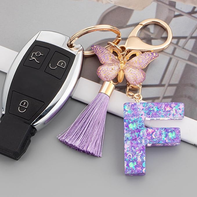 Suweibuke Colourful Cute Initial Letter Keychains for Women Girls with Tassel Butterfly, Charm for Purse Handbags Backpacks