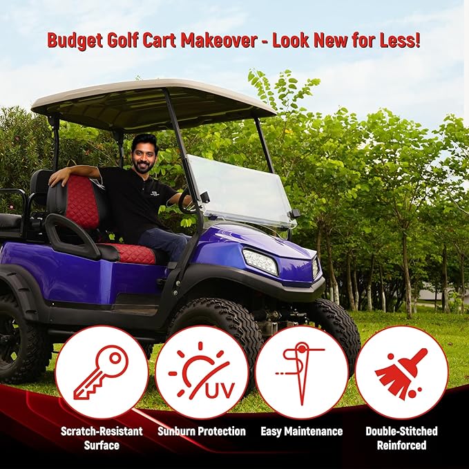 Golf Cart Front and Rear Seat Covers Waterproof and Sun Resistant Marine Grade Vinyl Leather Seat Cover Accessories for Club Car Precedent 2004+, Deep Red(4PCS)