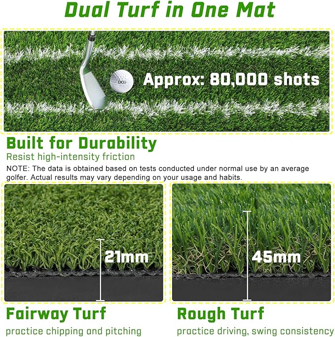 DCQ Real Feel 5x4ft & 6x4ft Golf Hitting Mat, Large Golf Mat, Dual Turf, Fairway & Rough Artificial Grass, Golf Practice Mat Indoor & Outdoor, Driving & Chipping Pad with Cushion, Golf Simulator Mat