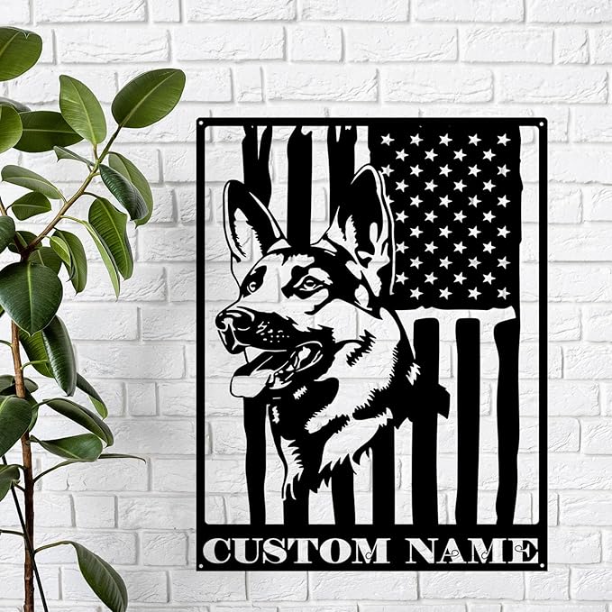 Custom German Shepherd US Flag Metal Sign with LED Lights, Unique Wall Art for Home Decor, gift for Dog Lovers, Durable Hanging Decor for Indoor & Outdoor Spaces