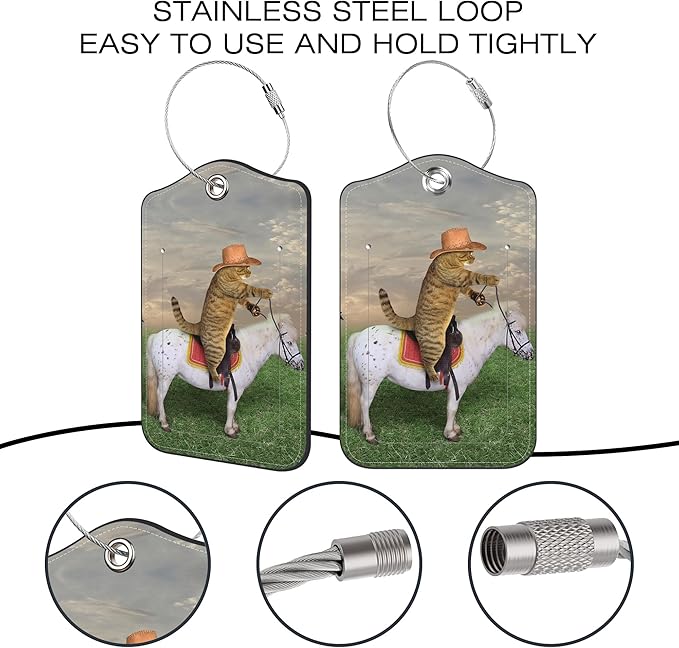 2 Pack Luggage Tags for Suitcase,Cat Cowboy PU Leather Luggage Tags with Privacy Cover Name Address Labels and Steel Ring,Creative Travel Accessories for Men and Women
