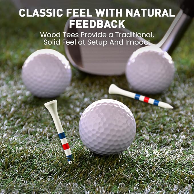 FINGER TEN Golf Tees Wood 3 1/4 2 3/4 Inch Value 50/120 Count, Durable Tees with Bright Colored Stripes for Consistent Height, 70mm 83mm Long Tees Ideal for Golfers