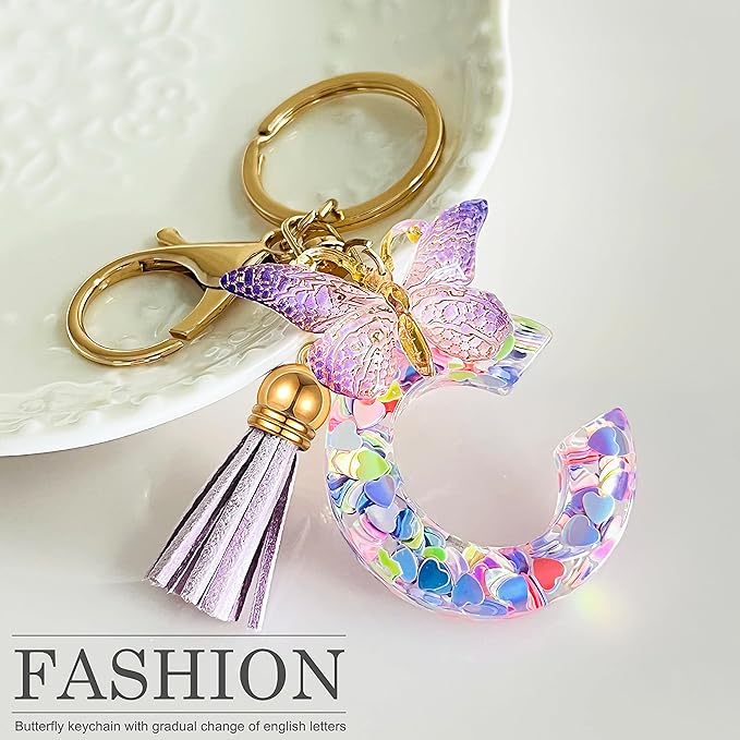 JINGUAZI Initial letter Keychains for Women Tassel Butterfly Pink Purple Cute Car Keychain for Wallet Backpack bag charm