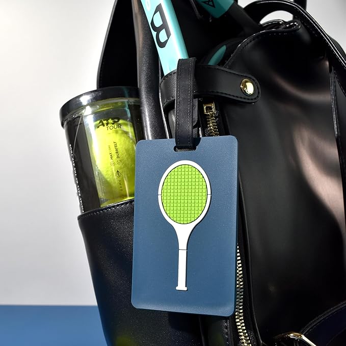 Tennis Bag Tag – Tennis Racquet Shape, Flexible & Waterproof Silicone Luggage Tag, Secure Strap for Bag Identification, Great Tennis Gift for Players & Enthusiasts