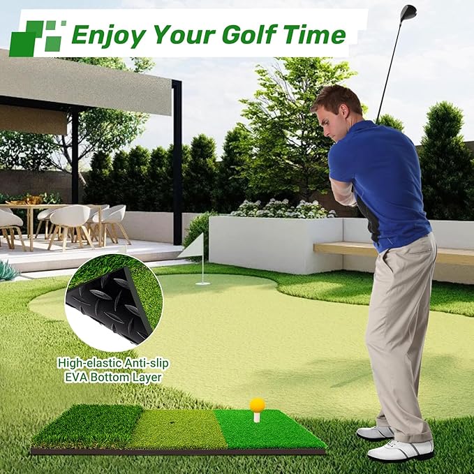 3-in-1 Golf Chipping Mat – Tri-Turf Golf Practice Mat for Indoor & Outdoor Use, Durable Grass Hitting Pad for Driving, Chipping & Putting Training, Portable Backyard Golf Trainer