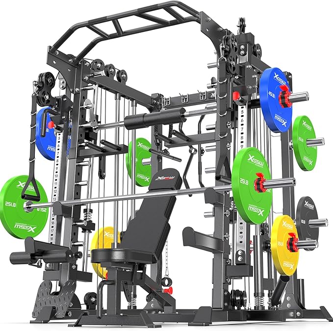 Smith Machine，Multi-Function Squat Rack Power Cage with Cable Crossover System,with Optional Weight Bench, Olympic Barbell Weight Set, for Home Gym