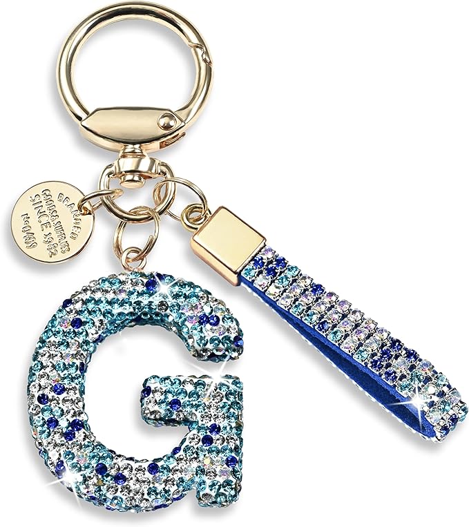 Pink Blue White Initial Letter Keychain Gift for Women Girls Bling Sparkly Cute Backpack Car Key Accessories Lanyard