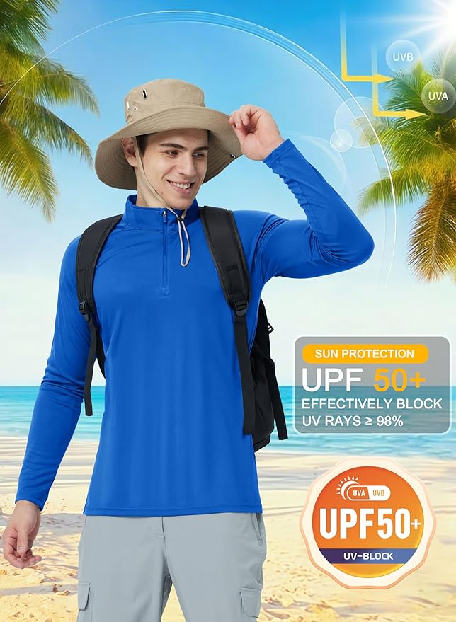 CRYSULLY Men's Long Sleeve 1/4 Zip Shirts Sun Protection Pullover UPF 50+ Rash Guard Running Lightweight T Shirt