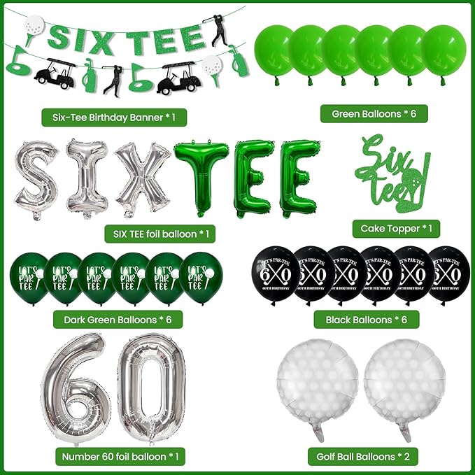 60th Birthday Decorations, Golf Themed 60th Birthday Party Decorations Gifts for Men Him with 60 Number Balloons Sixtee Banner Cake Topper