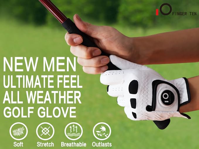 FINGER TEN Men’s Golf Gloves Left Hand Right with Ball Marker 2 Pack, Weathersof Grip Soft Comfortable, Fit Size Small Medium ML Large XL