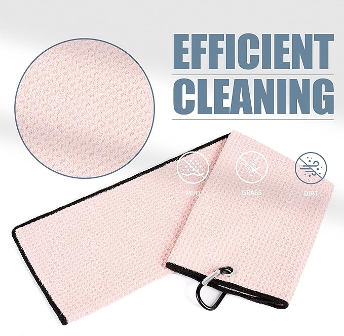 Mile High Life Tri-fold Golf Towel | 16" X 24" | Premium Microfiber Fabric | Waffle Pattern | with Heavy Duty Carabiner Clip | for Men and Women (Pink)