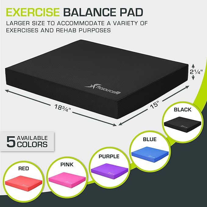 ProsourceFit Exercise Balance Pad – Large Cushioned Non-Slip Foam Mat & Knee Pad for Fitness, Stability Training, Physical Therapy, Yoga 15"x19", Black