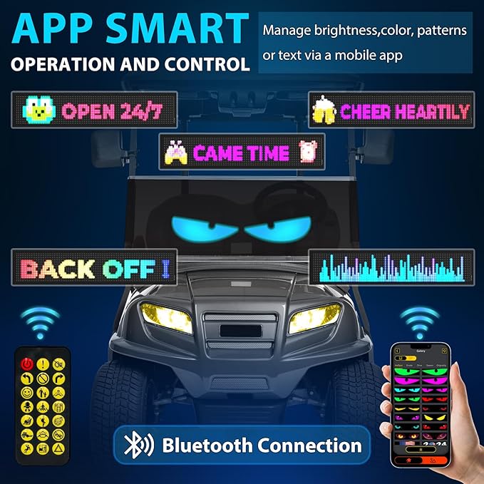 Golf Cart Multiple Devil Eyes Light Sign, 23.42"x4.72" Programmable LED Display for Windshield with App Control, DIY Pattern Flexible Screen LED Lights for Festivals Decoration