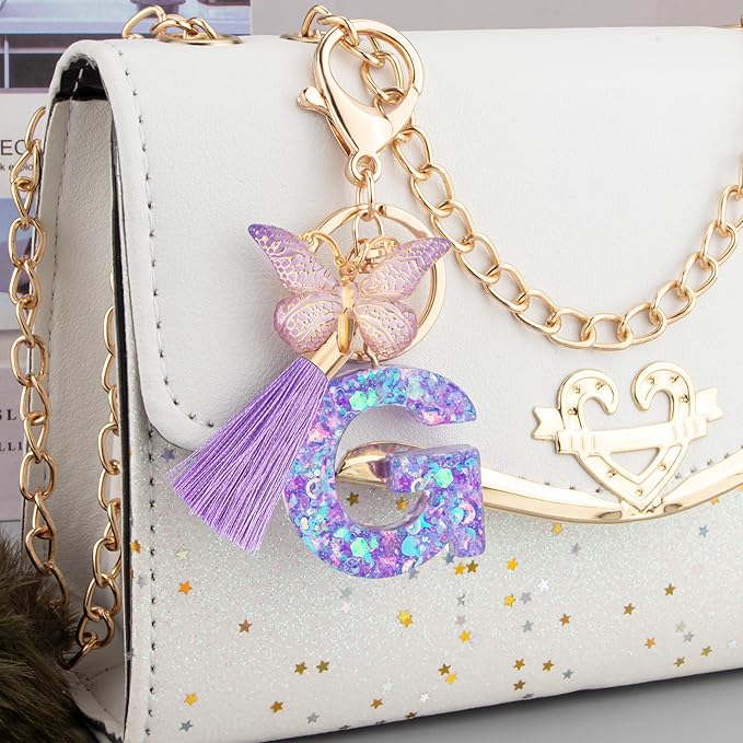 Suweibuke Colourful Cute Initial Letter Keychains for Women Girls with Tassel Butterfly, Charm for Purse Handbags Backpacks