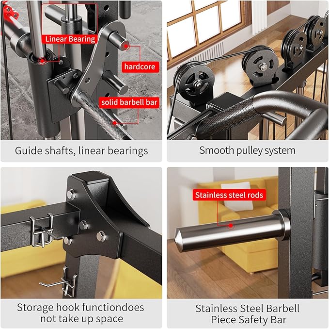 Smith Machine，Multi-Function Squat Rack Power Cage with Cable Crossover System,with Optional Weight Bench, Olympic Barbell Weight Set, for Home Gym