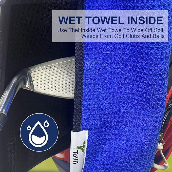 ToVii 2 in 1 Golf Towel, Wet and Dry Tri-fold Microfiber Towel for Cleaning Club and Ball with Clip and Waterproof Inner Barrier