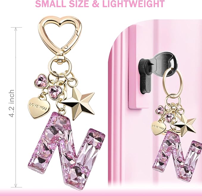 Cute Bling Keychain initial Letter Butterfly Star Pink Purple Gift for Women Girls Bag Cup Charms Accessories