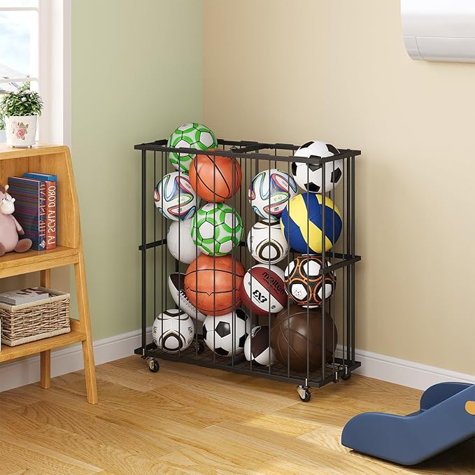 Large Garage Ball Storage, Rolling Floor Sports Equipment Organizer: Freestanding Ball Rack with Elastic Rope–, Ball Holder for Basketball, Soccer, Football, Volleyball, Garage, Gym, Black