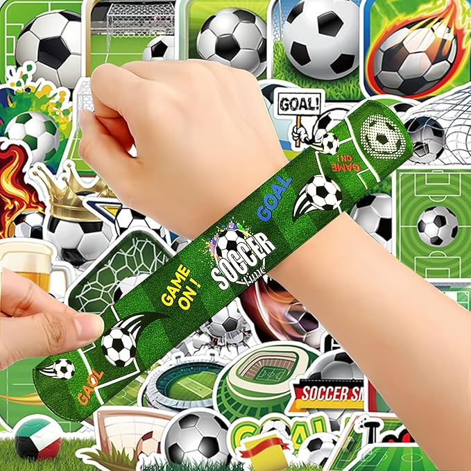 74Pcs Soccer Theme Party Favors Contain 24 Pcs Slap Bracelets 50Pcs Stickers, Soccer Theme Birthday Party Decorations,Classroom Rewards Supplies.