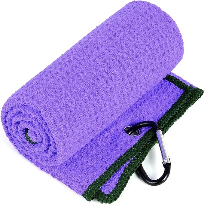 Golf Towels, Microfiber Waffle Pattern Tri-fold Golf Towel - Brush Tool Kit with Club Groove Cleaner, with Clip Men Women Golf Gifts (Purple Towel+Black Brush)