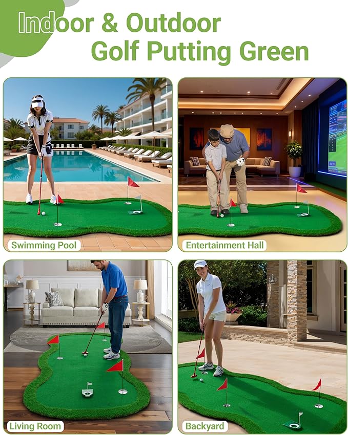 Golf Putting Green Mat-10x4.8Ft Professional Large Practice Putting Mat with 3 Flags 1 Movable Cup 1 Golf Club 3 Balls for Indoor and Outdoor Party GameTraining Mat