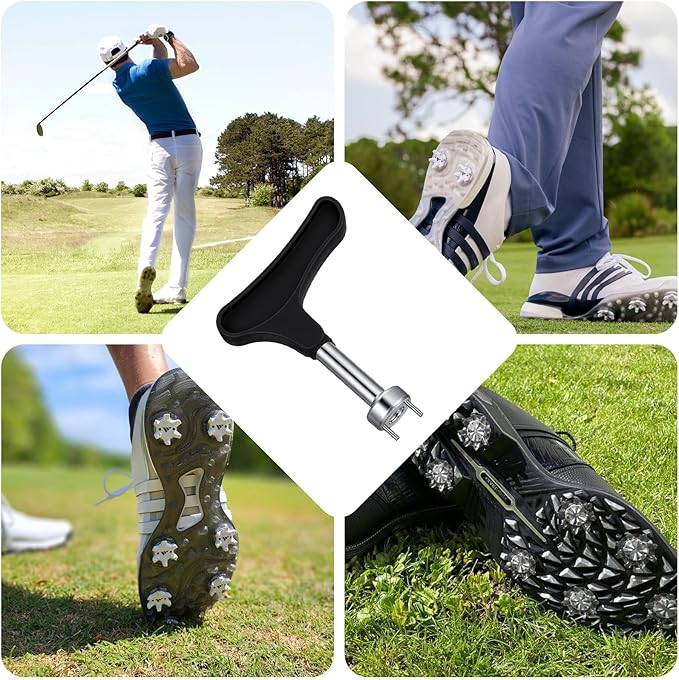 Sibba Universal Golf Shoe Spike Wrench Tool Compact Zinc Alloy Cleat Removal Tool with 4 Replacement Golfs Spikes Durable Two-Pin Design for Easy Golf Shoe Spike Repair & Replacement (Black)