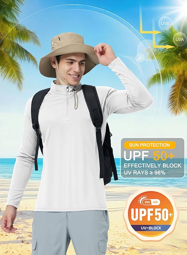 CRYSULLY Men's Long Sleeve 1/4 Zip Shirts Sun Protection Pullover UPF 50+ Rash Guard Running Lightweight T Shirt