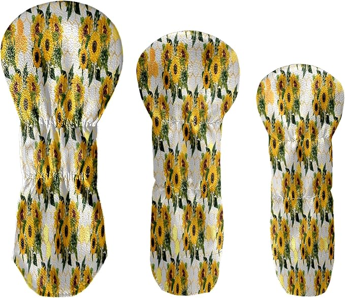 Golf Club Head Cover Waterproof Leather for Driver & Fairway Wood, Driver Headcovers, Golf Accessories for Men Women, Anti-Scratch, Golf Gift for Golfers, 1/3/5 Wood Cover Yellow Sunflowers Bee