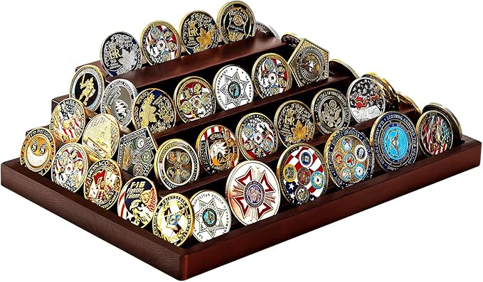 Challenge Coin Display Holder, Military Coin Display Stand 4-Tier for Collectors,Wooden Army Coins Collection Rack, Coin Stands for Display Desk Decor Walnut