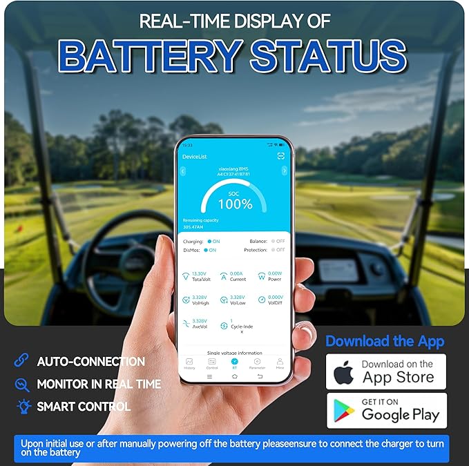 36V 105Ah LiFePO4 Golf Cart Battery with 200A BMS Bluetooth LCD Display 43.8V 25A Charger Mobile APP 10000 Deep Cycles Rechargeable 36V Lithium Battery for Golf Cart ATV Lawn Mower and Off Grid