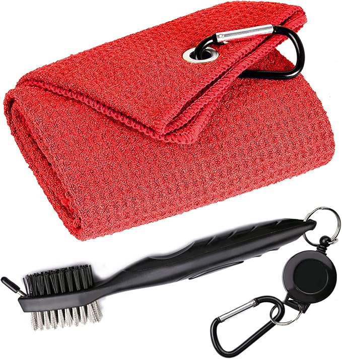 Golf Towels, Microfiber Waffle Pattern Tri-fold Golf Towel - Brush Tool Kit with Club Groove Cleaner, with Clip Men Women Golf Gifts (Red Towel+Black Brush)