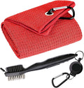 Golf Towels, Microfiber Waffle Pattern Tri-fold Golf Towel - Brush Tool Kit with Club Groove Cleaner, with Clip Men Women Golf Gifts (Red Towel+Black Brush)
