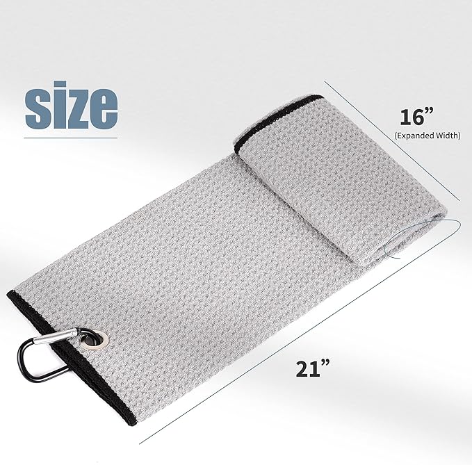 Mile High Life Tri-fold Golf Towel | 16" X 24" | Premium Microfiber Fabric | Waffle Pattern | with Heavy Duty Carabiner Clip | for Men and Women (Gray)