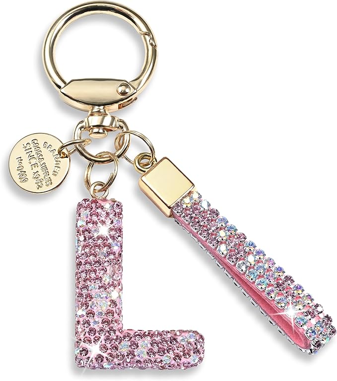 Pink Blue White Initial Letter Keychain Gift for Women Girls Bling Sparkly Cute Backpack Car Key Accessories Lanyard