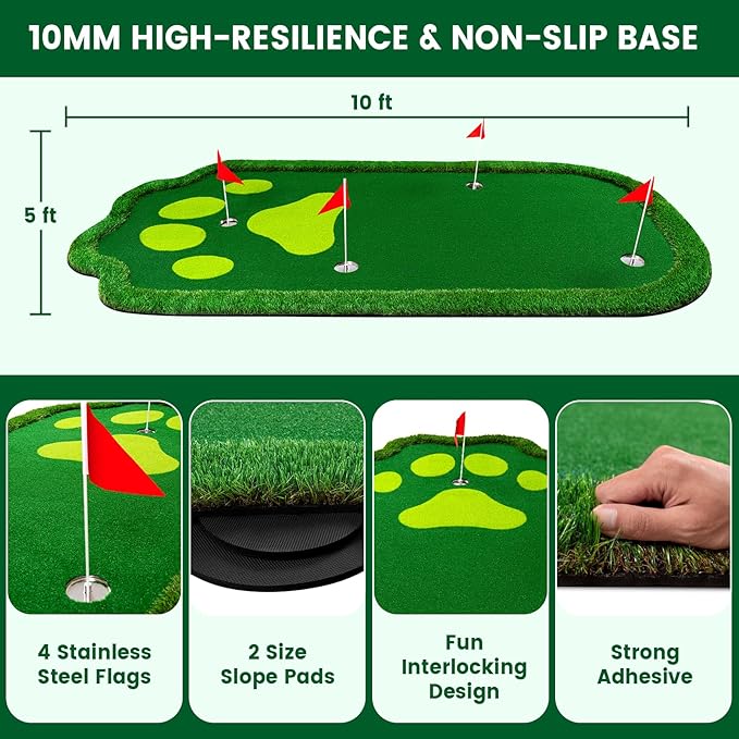 Golf Putting Green Indoor Outdoor Putting matt Professional Training Mat Practice Putting Mat with 3 Flags 1 Movable Cup 2 Slope Pad 5x10ft