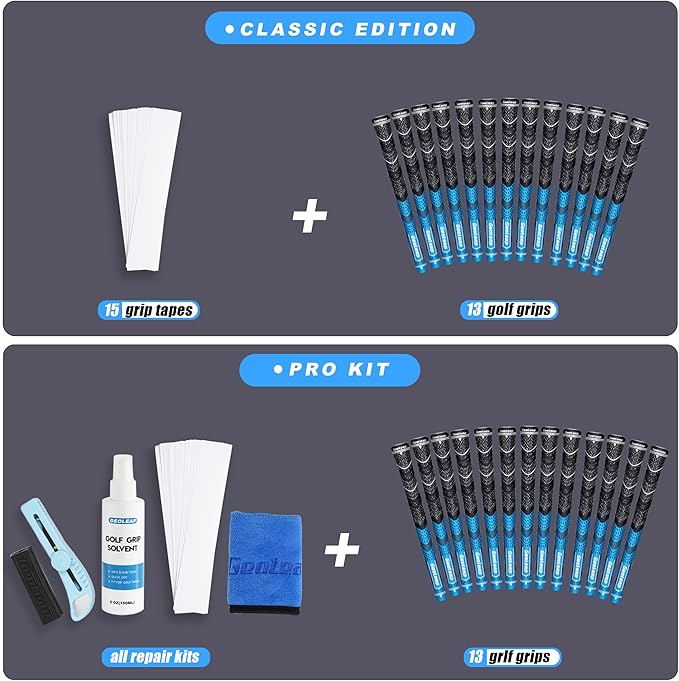 Geoleap Golf Grips Set of 13- Grips with Tapes and with All Repair Kits for Choice,Hybrid Golf Club Grips,Standard/Midsize,All Weather Contral, High Feedback & Traction.