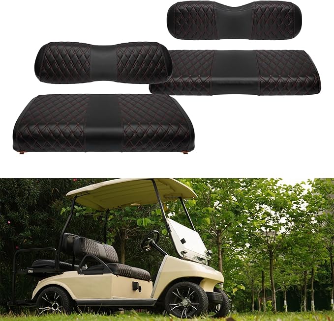 4PCS Golf Cart Diamond Seat Covers Kit, Fits Club Car DS 2000.5-up Golf Cart Vinyl Replacement Seat Cover （Black Stitching, No Stapler, Easy to Clean）