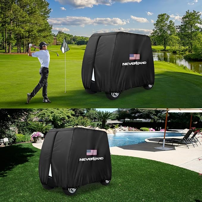 NEVERLAND Golf Cart Cover - Waterproof Golf Cart Covers - Fits for Yamaha Golf Carts EZ GO Club Car - Outdoor Windproof Sunproof (Black + Flag, Fit for 2+2/4 Passenger Cart)