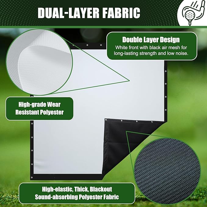 Golf Impact Screen Double Layer – Low Noise on Impact, Durable Grommets, Reinforced Black Border – High-Strength Polyester, Indoor/Outdoor Golf Simulator Screen