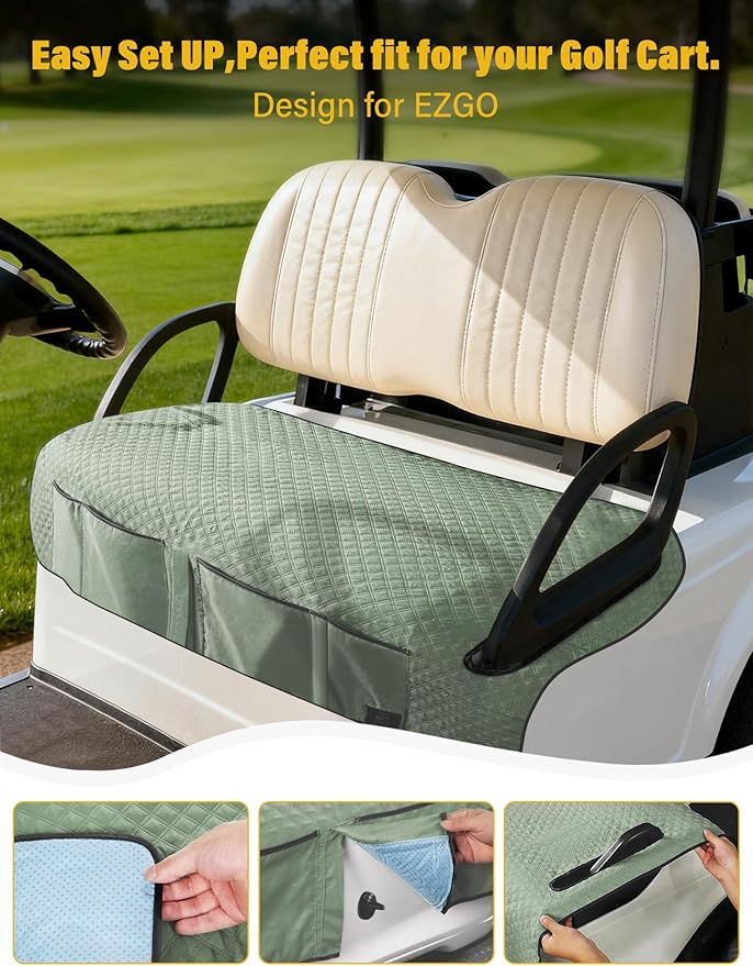 Golf Cart Seat Covers,Golf Cart Seat Towel Blanket with 4 Front Pockets & Nonskid Bottom Fits for EZGO and More 2 Person Seats Golf Carts (Silver Green, Ezgo)