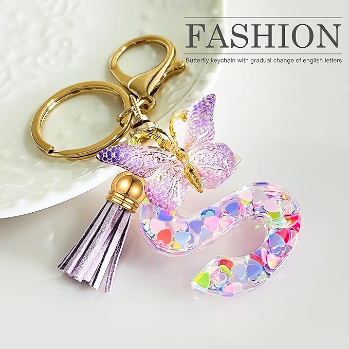 JINGUAZI Initial letter Keychains for Women Tassel Butterfly Pink Purple Cute Car Keychain for Wallet Backpack bag charm