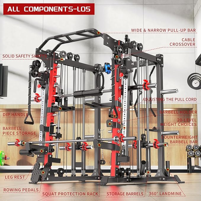 Smith Machine，Multi-Function Squat Rack Power Cage with Cable Crossover System,with Optional Weight Bench, Olympic Barbell Weight Set, for Home Gym