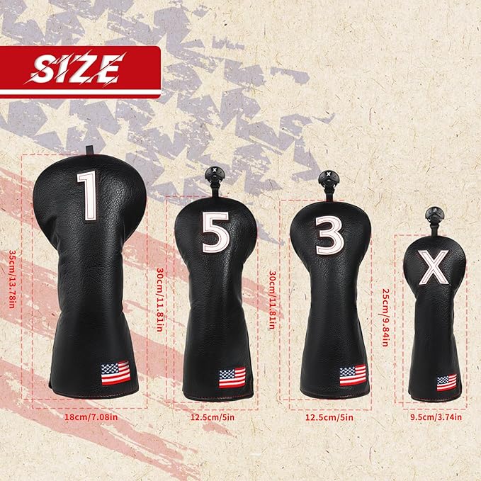 Golf Head Covers, American Flag Patriotism Golf Club Cover for Woods and Driver, Fairway, Hybrid - Premium Leather Golf Club Head Covers with Interchangeable Tags