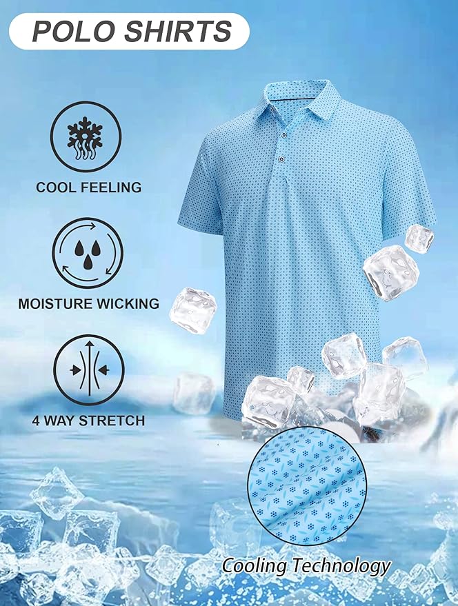 Esabel.C Golf Shirts for Men Dry Fit Performance Short Sleeve Print Moisture Wicking Collared Shirt