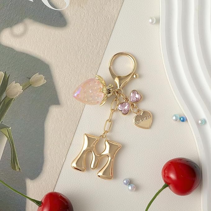 Snycler Bubble Initial Keychain with Strawberry & Bow- Gold Letter Bag Charms for Women, Cute Purse Handbag Accessories