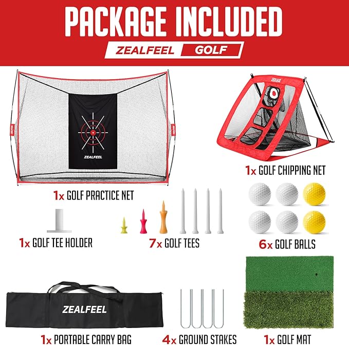 Golf Net, 10x7ft Practice Net with Chipping Net, Foldable Mat, Silk Target, 8 Tees, 6 Balls, Carry Bag, Golf Hiting Nets for Backyard Driving Chipping Indoor Outdoor Use