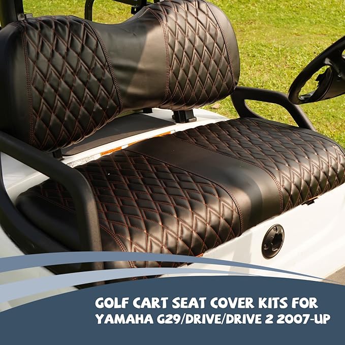 4PCS Golf Cart Diamond Seat Covers Kit, Fits Yamaha G29/Drive/Drive 2 2007+ Golf Cart Vinyl Replacement Seat Cover （Black Stitching, No Stapler, Easy to Clean）