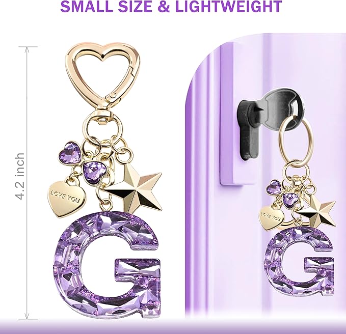 Cute Bling Keychain initial Letter Butterfly Star Pink Purple Gift for Women Girls Bag Cup Charms Accessories