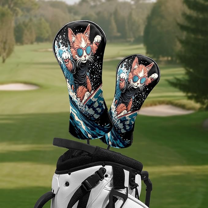 Premium Leather Golf Club Headcovers,Orange Cat Fits Driver Hybrid Fairway 3/5 Wood,with Scratch-Resistant Lining, Gift for Men and Women